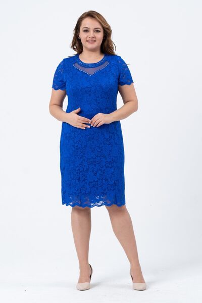 Oktay Sağlam Küpür Astarlı Tül Yaka Taşlı Aksesuar Sax Mavisi Renk Büyük Beden Abiye Elbise