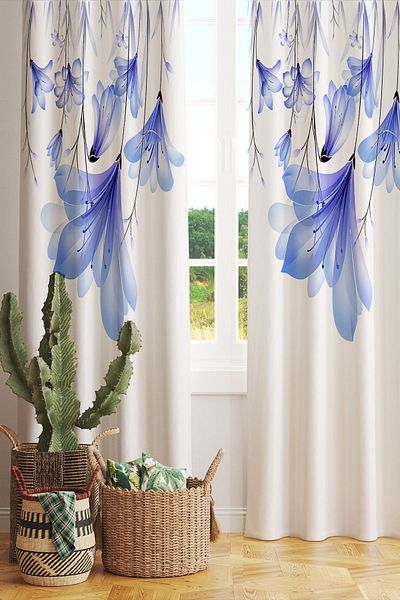 3D ELSE HALI Blue Flowers Patterned Printed Decorative Living Room Kitchen Background Curtain 140x260cm