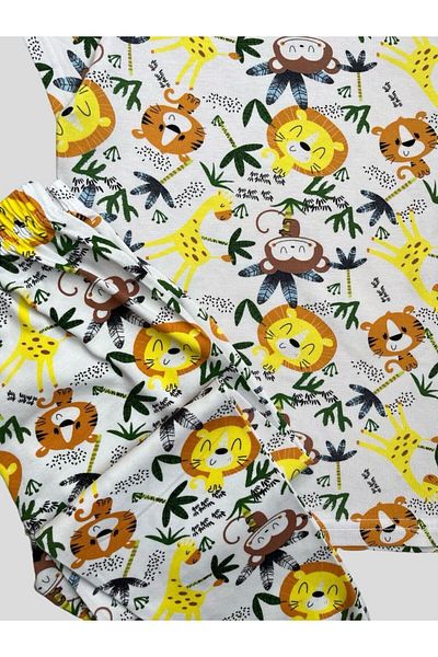 elmas kids Boy's 100% Cotton Safari Patterned White Short Sleeve Summer Pajamas Set