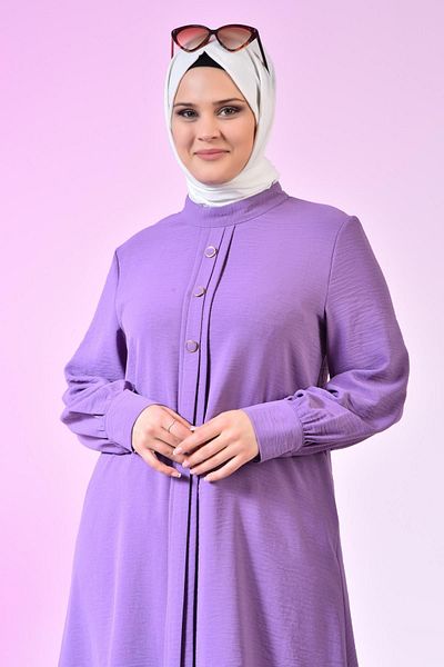 Ferace Women's Large Size Hijab Tunic Buttoned Ayrobin Fabric