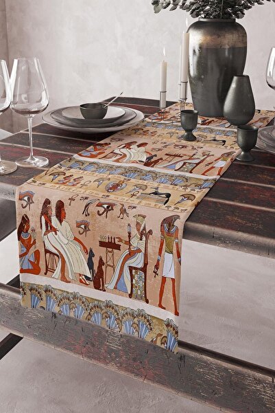 Else Dekor Hittite Egyptian Patterned Printed Stain Resistant Washable Decorative Tablecloth Runner 40x140cm