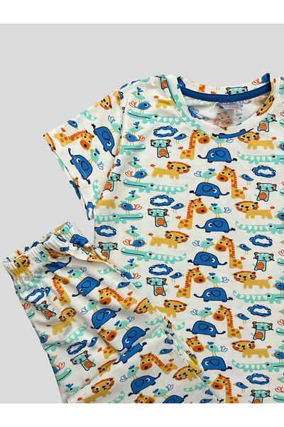 elmas kids Boy's 100% Cotton Safari Patterned White Short Sleeve Summer Pajamas Set