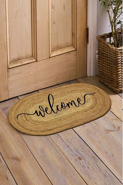 3D ELSE HALI Welcome Written Double Sided Hand Knitted Jute Oval Inside and Outside Door Mat