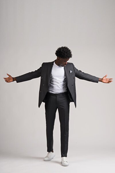 ADİMO Adimo Slimfit Sivri Yaka Çift Yırtmaçlı İnce Çizgili Kruvaze Takım Elbise