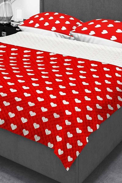 3D ELSE HALI Red Heart Patterned Double Pillowed Printed Bedspread Pique Set 200x220cm
