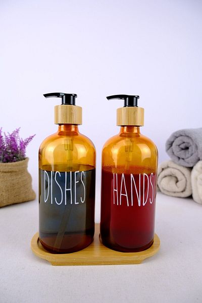 Digithome 2-Piece Glass Liquid Soap and Dish Detergent Bottle with Wooden Stand Soap Dispenser Amber 500 Ml - D/11