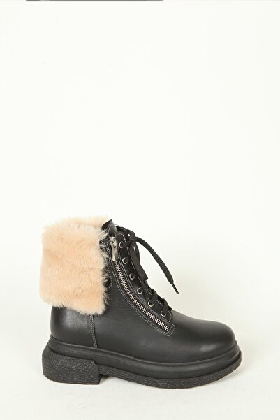 FOLLİNİ Γυναικείες δερμάτινες μπότες με λεπτομέρεια από γούνα σε μαύρο χρώμα