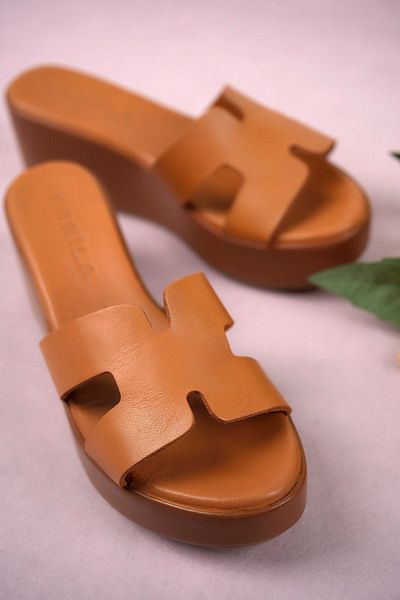 ERNİLA Wedge Heel Genuine Leather Women's Slippers