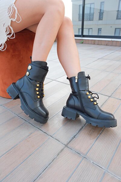 FOLLİNİ Γυναικείες μαύρες μπότες από γνήσιο δέρμα με λεπτομέρεια αξεσουάρ