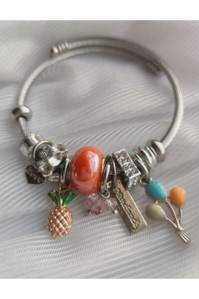 LEIDORY Turuncu ananas ve balon charmlı çelik bileklik