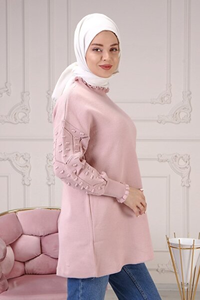 ilmek Kadın Pudra Kolu Desenli Büzgülü Triko Kazak