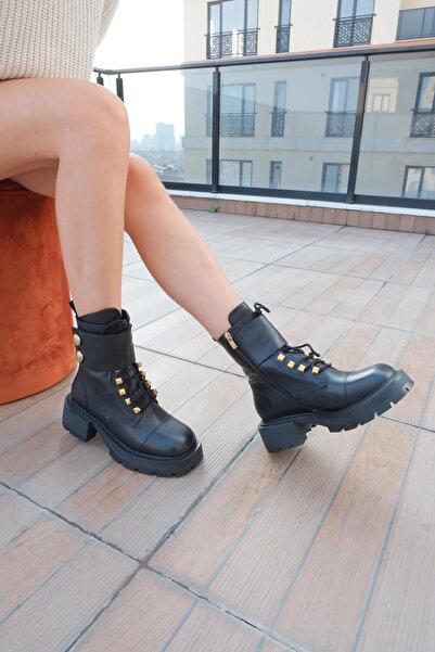 FOLLİNİ Γυναικείες μαύρες μπότες από γνήσιο δέρμα με λεπτομέρεια αξεσουάρ