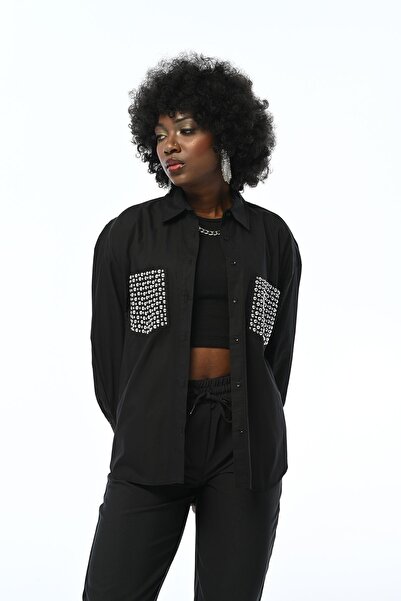 Orfeo Negro WOMEN'S BLACK POCKET ADHESIVE STONE SHIRT