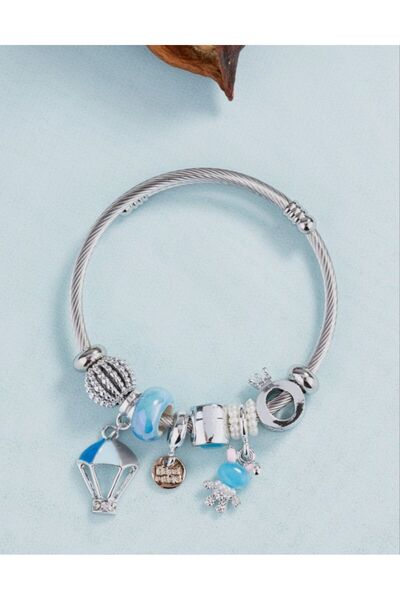 LEIDORY Steel Bracelet with Blue Parachute and Rabbit Charm