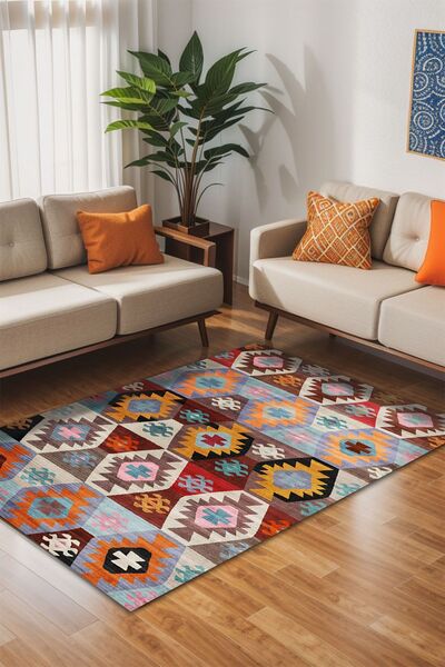 Depoba Afes Kadife Yıkanabilir Kaymaz Pamuk Tabanlı Antibakteriyel Kilim Salon Halısı