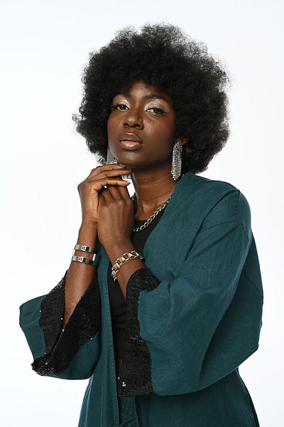 Orfeo Negro 100% LINEN PETROL COLOR LONG CHIMONO JACKET WITH SLEEVES PAYET EMBROIDERED