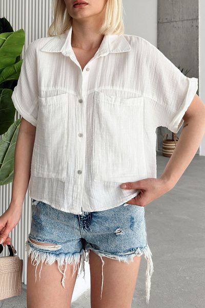 VAGGON White Oversize Women's Shirt - Short Sleeve, Double Pocket Prm0815