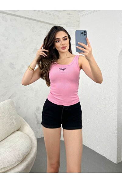 modavingo Women's Pink Butterfly Embroidered Tank Top Bodysuit