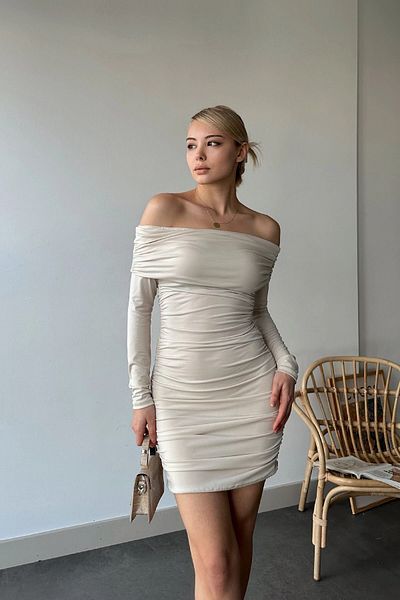 VAGGON Γυναικείο φόρεμα σε χρώμα πέτρας Madonna Collar Full Drape Sandy - Prm0563