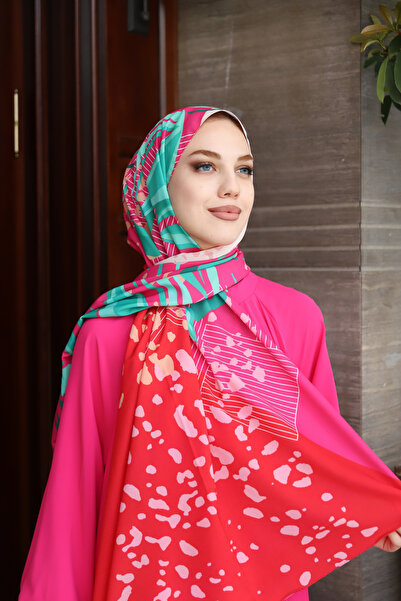 KUQOS Degrede Desenli Şal Fuşya Beyaz