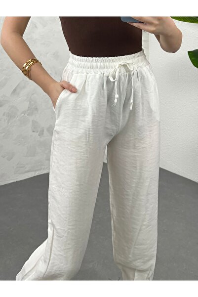 modavingo Ecru Blue Women's Linen Trousers - Leg Collar