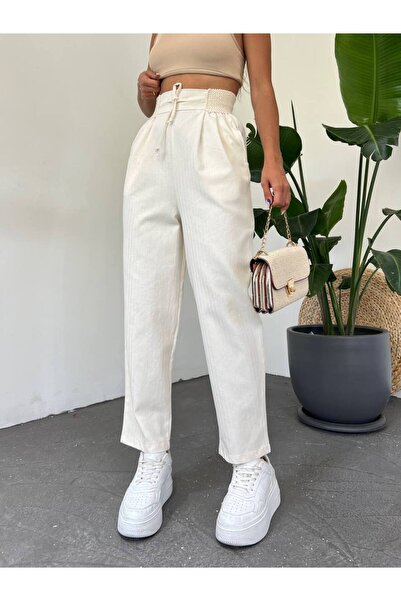 ÇEÇİM KADIN BELİ HASIR DETAYLI LASTİKLİ PİLİSELİ MİDİ PANTOLON ZYN-58702