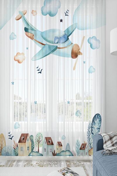 3D ELSE HALI Else Uçak Şehir Iskandinav Desenli Dekoratif Çocuk Bebek Tül Fon Perde