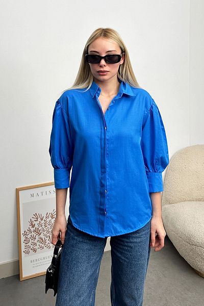 VAGGON Women's Saks Balloon Sleeve Hidden Placket Woven Shirt Prm0722