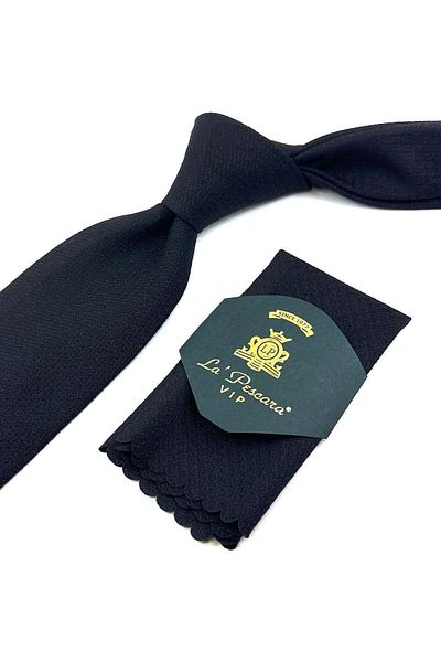 Kravatkolik Black - Brown Plain Pattern Classic Wool Tie with Handkerchief KK12097