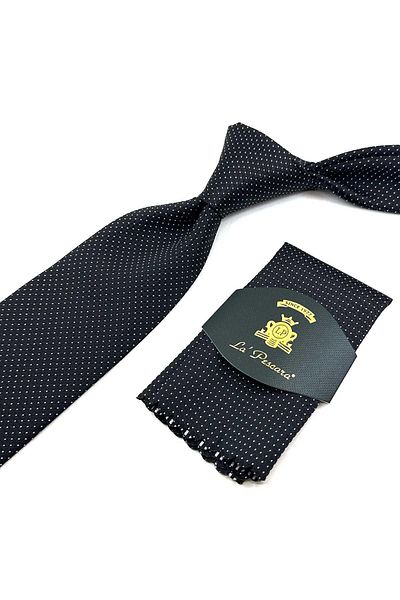 Kravatkolik Classic Necktie with Black Dot Pattern Handkerchief KK12341