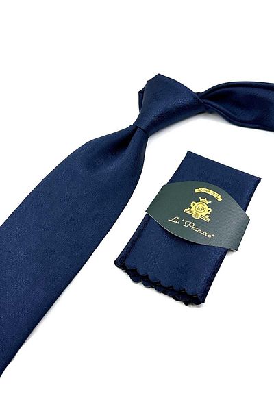 Kravatkolik Patterned Navy Blue Motif Classic Necktie with Handkerchief - KK12545