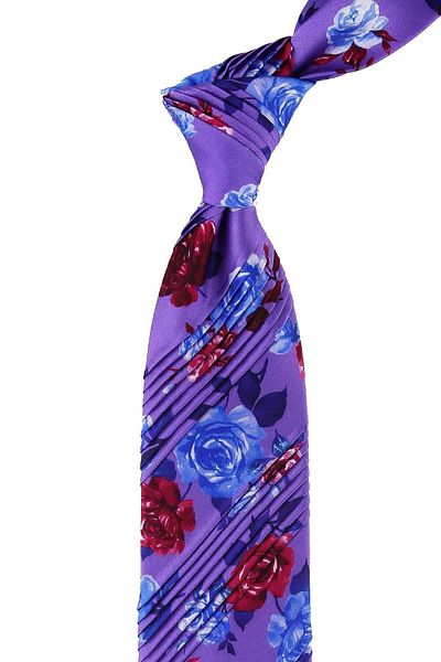 Kravatkolik Men's Dark Lilac Flower Pattern Pleated Silk Tie Est145