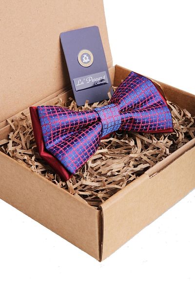 Kravatkolik Burgundy - Blue Plaid Pattern Bow Tie P921