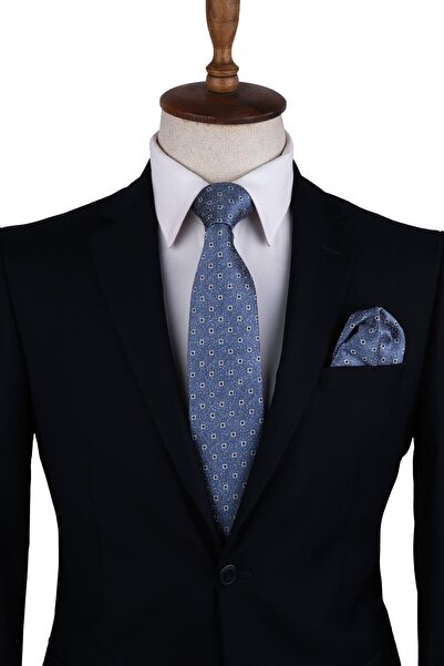 Kravatkolik Κλασική γραβάτα με μπλε μαντήλι με μικρό σχέδιο Kk10625