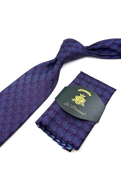 Kravatkolik Plum Square Pattern Classic Tie with Handkerchief KK12483