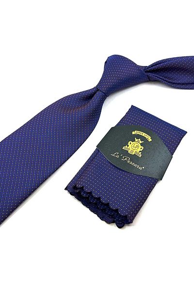 Kravatkolik Blue - Brown Dot Pattern Classic Tie with Handkerchief KK12499