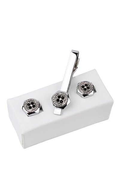 Kravatkolik Erkek Gümüş Renk Kol Düğmesi ve Kravat İğnesi Set KD971