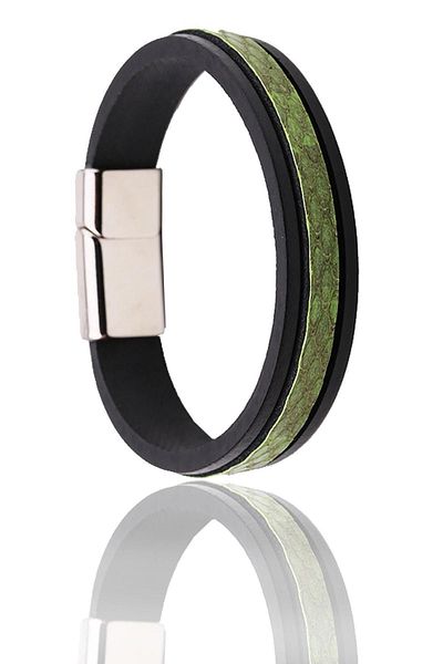 Kravatkolik Men's Black Croco Motif Leather Steel Bracelet