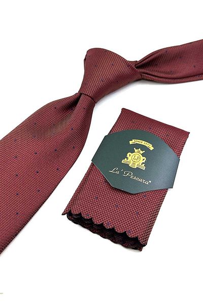 Kravatkolik Classic Claret Red Tie - Dot Patterned, Handkerchief KK12662