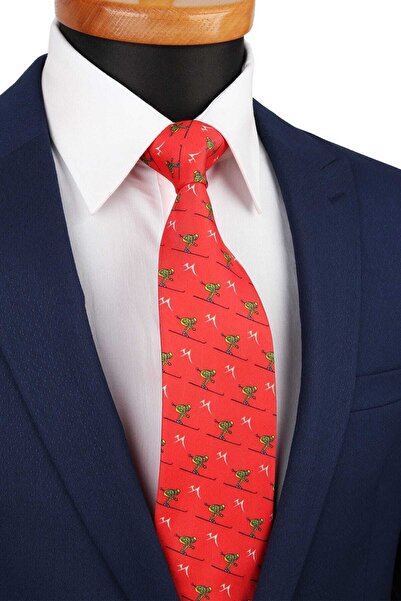La Pescara Men's Red Motif Pattern Printed Silk Tie İK376 KRVT8690002221896