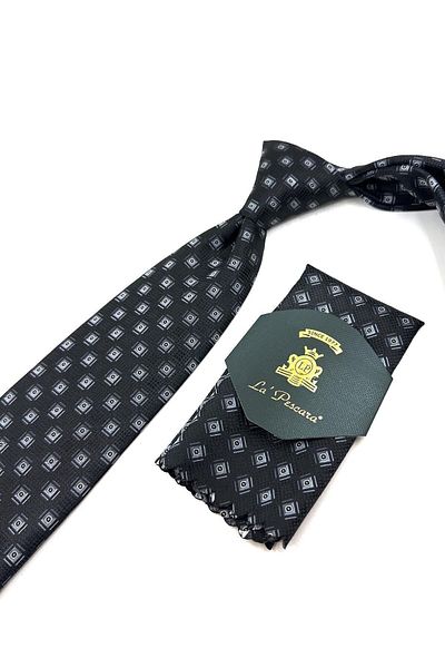 Kravatkolik Black Motif Pattern Classic Tie with Handkerchief Kk11061