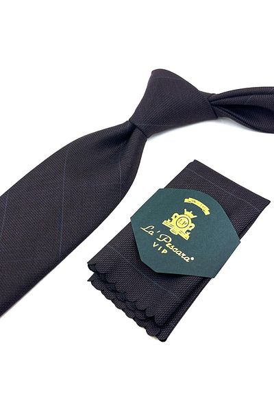 Kravatkolik Classic Wool Tie with Brown Plaid Pattern Handkerchief KK12127