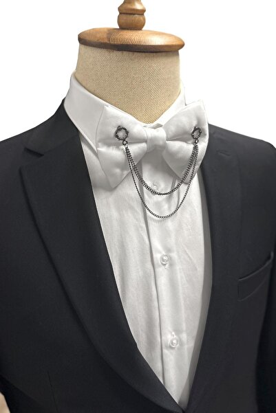 Kravatkolik White Plain Chain Groom's Suit Bow Tie P1726