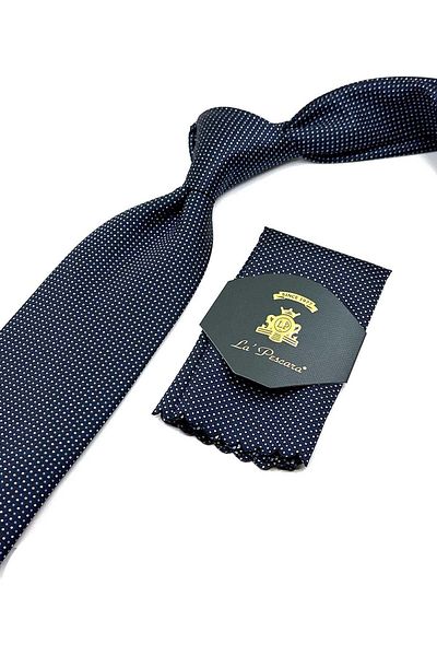 Kravatkolik Navy Blue Tie with Handkerchief - Dot Pattern, Classic KK12596