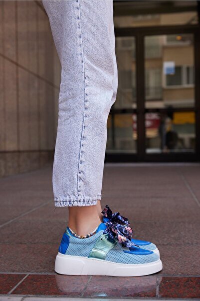 FOLLİNİ Kadın Mavi Hakiki Deri Kurdele Detaylı Sneaker