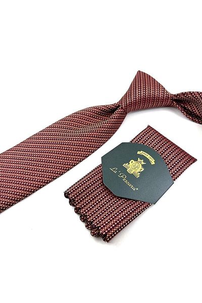 Kravatkolik Claret Red - Yellow Line Pattern Classic Tie with Handkerchief Kk11351