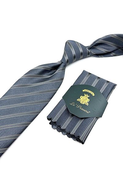 Kravatkolik Gray Striped Classic Tie with Handkerchief - KK12647