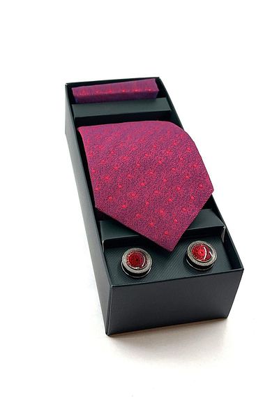 Kravatkolik Red Handkerchief Tie Red Cufflink Gift Set OS535