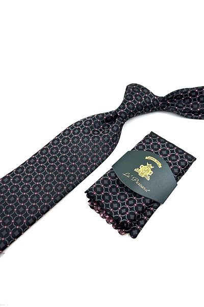 Kravatkolik Black - Smoked Motif Pattern Classic Necktie with Handkerchief KK12387