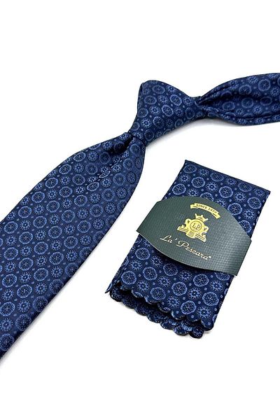 Kravatkolik Classic Handkerchief Tie - Navy Blue Motif Pattern KK12611